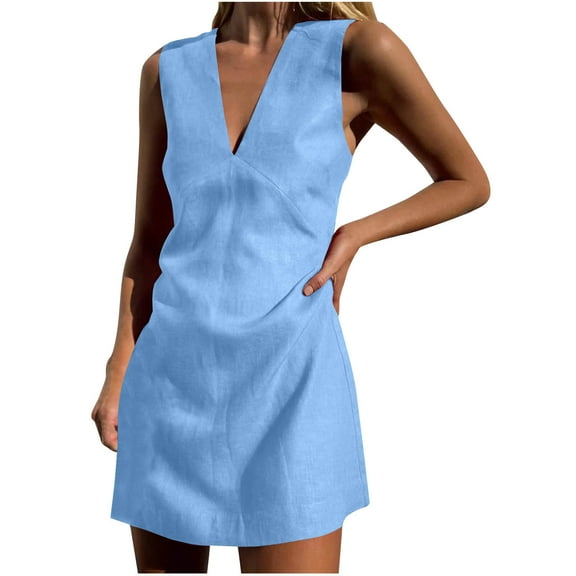 Htigea Women's Deep V-Neck Tank Dress Cotton Linen Sleeveless Mini Dress Casual Breathable A Line Beach Tank Sundress Blue,L