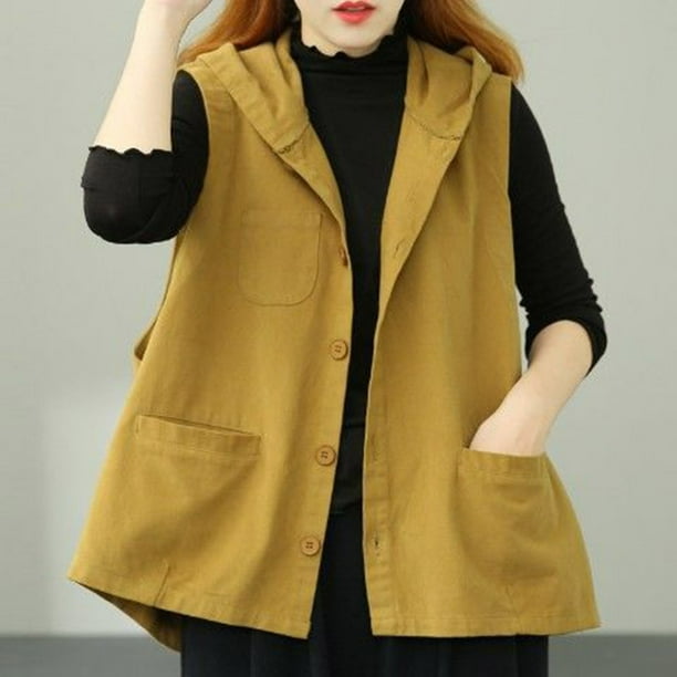 Abrigo informal sin mangas con capucha y chaquetas para mujer, de algodón, liso, holgado y sin mangas, con capucha