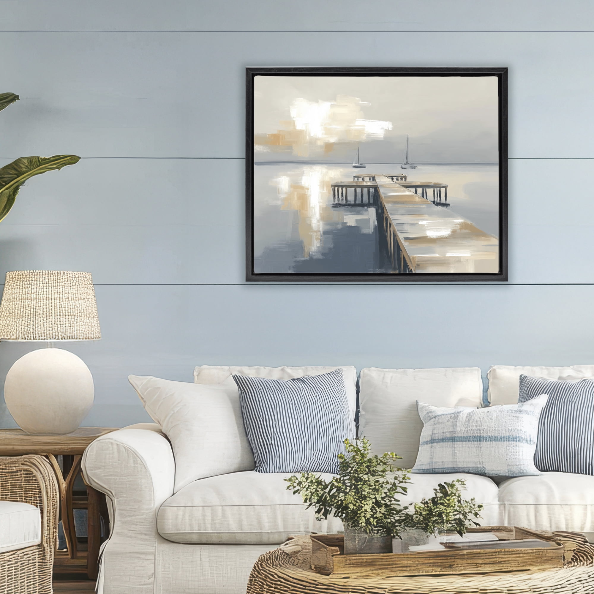 Stupell Industries Pier with Two Boats Seascape Black Framed Floater Canvas Wall Art, design by Kim Curinga