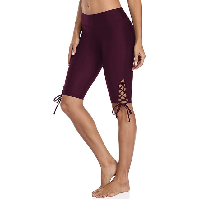 Shorts de Bain pour Femmes, Shorts de Bain à Lacets Taille Haute, Capris Longs