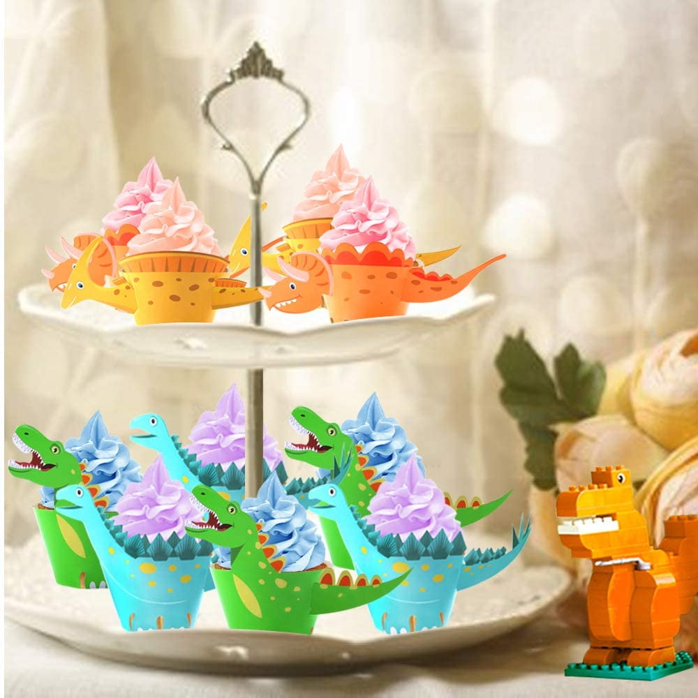 Dino 24 FIREFLY Dinosaur Cupcake Toppers Baby Shower Decorations Party Cake Decorating Supplies First Birthday Decorations Kids Children Baking Supplies 
