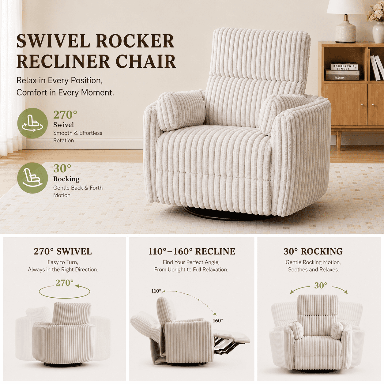 Power Swivel Glider Recliner Chair with 2 Pillows,USB & Type-C Ports,Plush Corduroy Upholstery Rocking Nursery Reclining Chair for Living Room Faux Fur Ivory