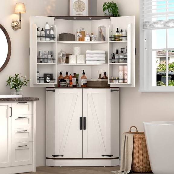 ANPOO 68" Tall Corner Storage Cabinet with 6 Side Door Shelves and Adjustable Shelves, 5 Tier Farmhouse Pantry Cabinet for Bathroom, Living Room, Kitchen,White