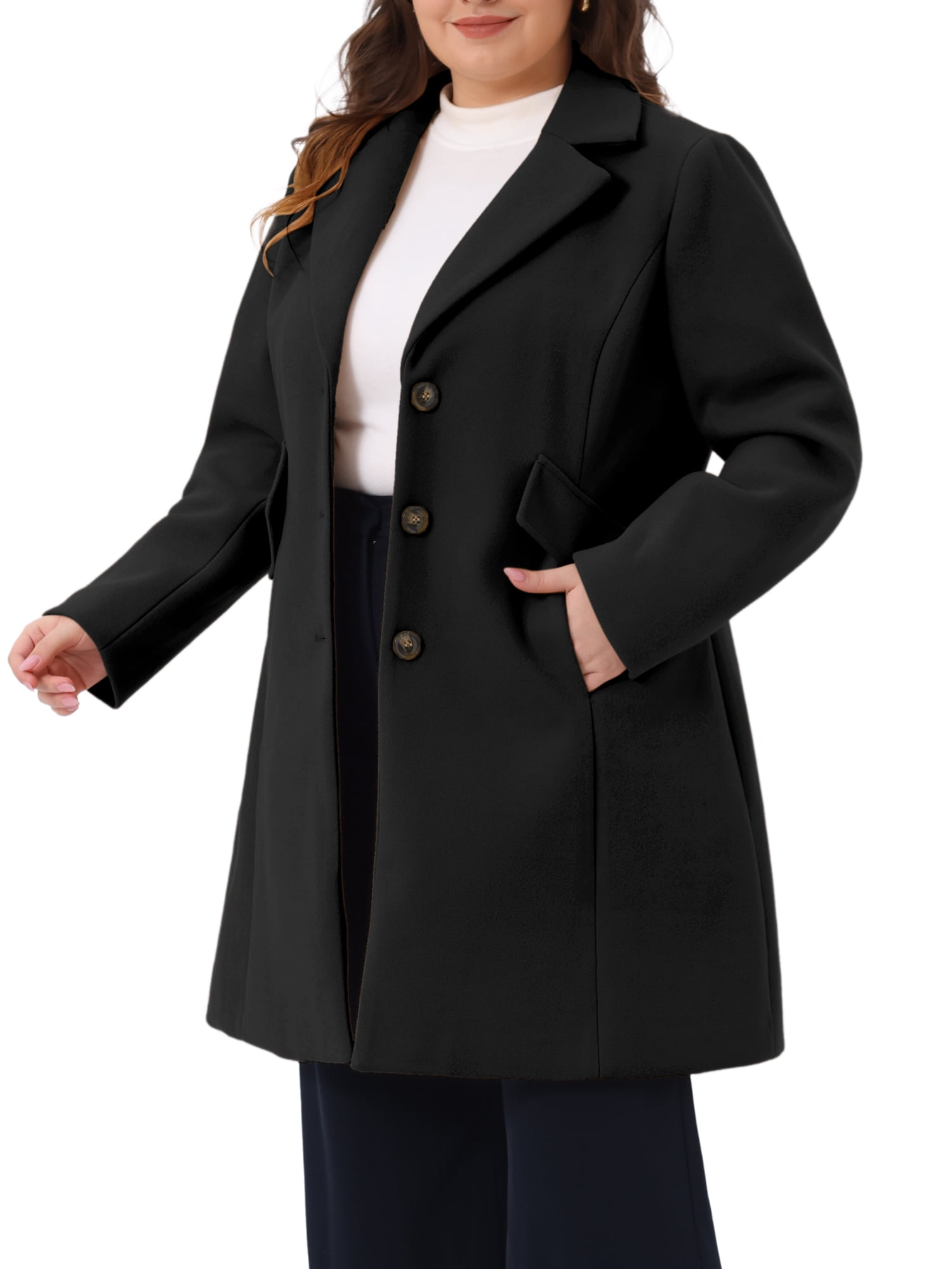 DARING DIVA Women's Plus Mid Length Notch Lapel Single Breasted Pea Jacket 1X Black