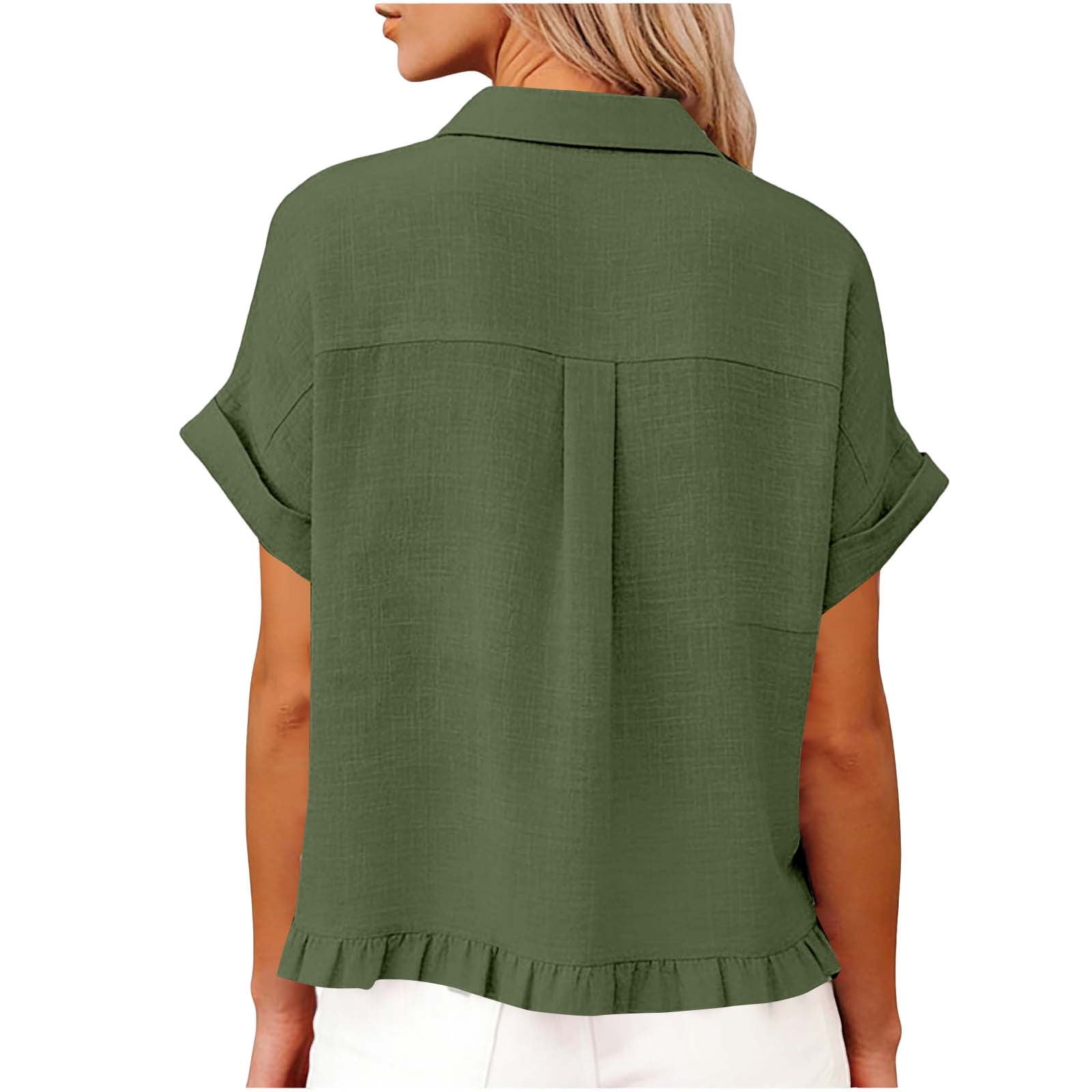 Summer Tops for Women 2026 Fashion Spring Clothing Fabric Solid Color Front Pocket Hem Fringe Short Sleeve Flared Collar Top