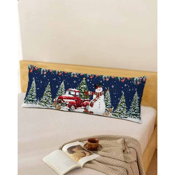 Navy Blue Christmas Body Pillow Cover, Pillowcase Protectors with Zipper, Breathable Decorative Throw Pillow Case Cover, Snowman Xmas Truck Balls Tree Pillow Shams for Couch Sofa 20x60Inch