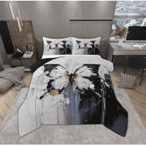 Manfei Teens Vintage Butterfly Queen Comforter Set, Romantic Artwork Bedding Sets, Black Grey Oil Printing Reversible Bedding Comforter Set, Breathable Home Decor, 3-Piece