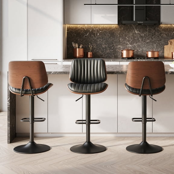 EOP Modern Upholstered Barstools Set of 3, Adjustable Height Counter Stools with Bentwood, Faux Leather Swivel Bar Stools with Metal Frame, Black