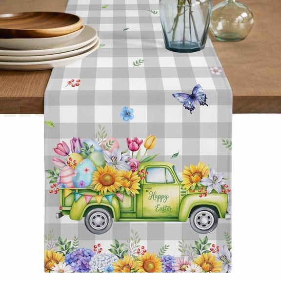 Easter Truck Table Runner 36 Inches, Spring Floral Eggs Butterflies Leaves Gray Plaid Bed Runner Dresser Scarves Tabletop for Indoor Outdoor Parties/Ceremony/Banquet, 13"x 36"