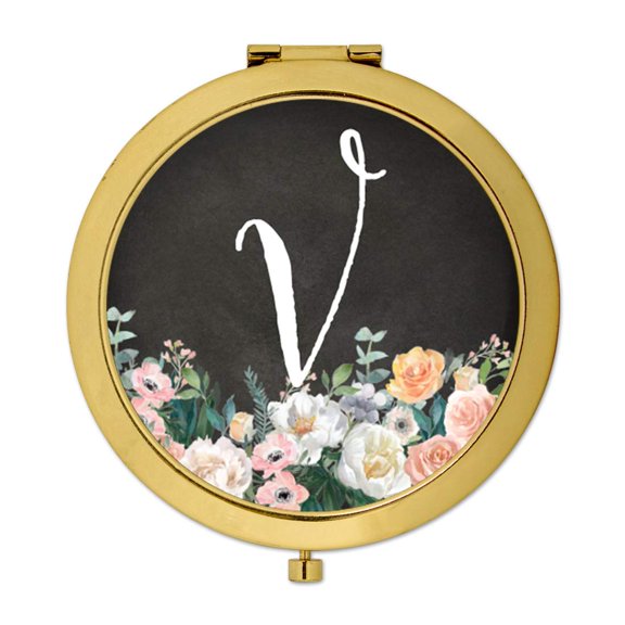 Koyal Wholesale Gold Compact Mirror Bridesmaid's Wedding Gift, Peach Flower Florals on Chalkboard, Monogram Letter V