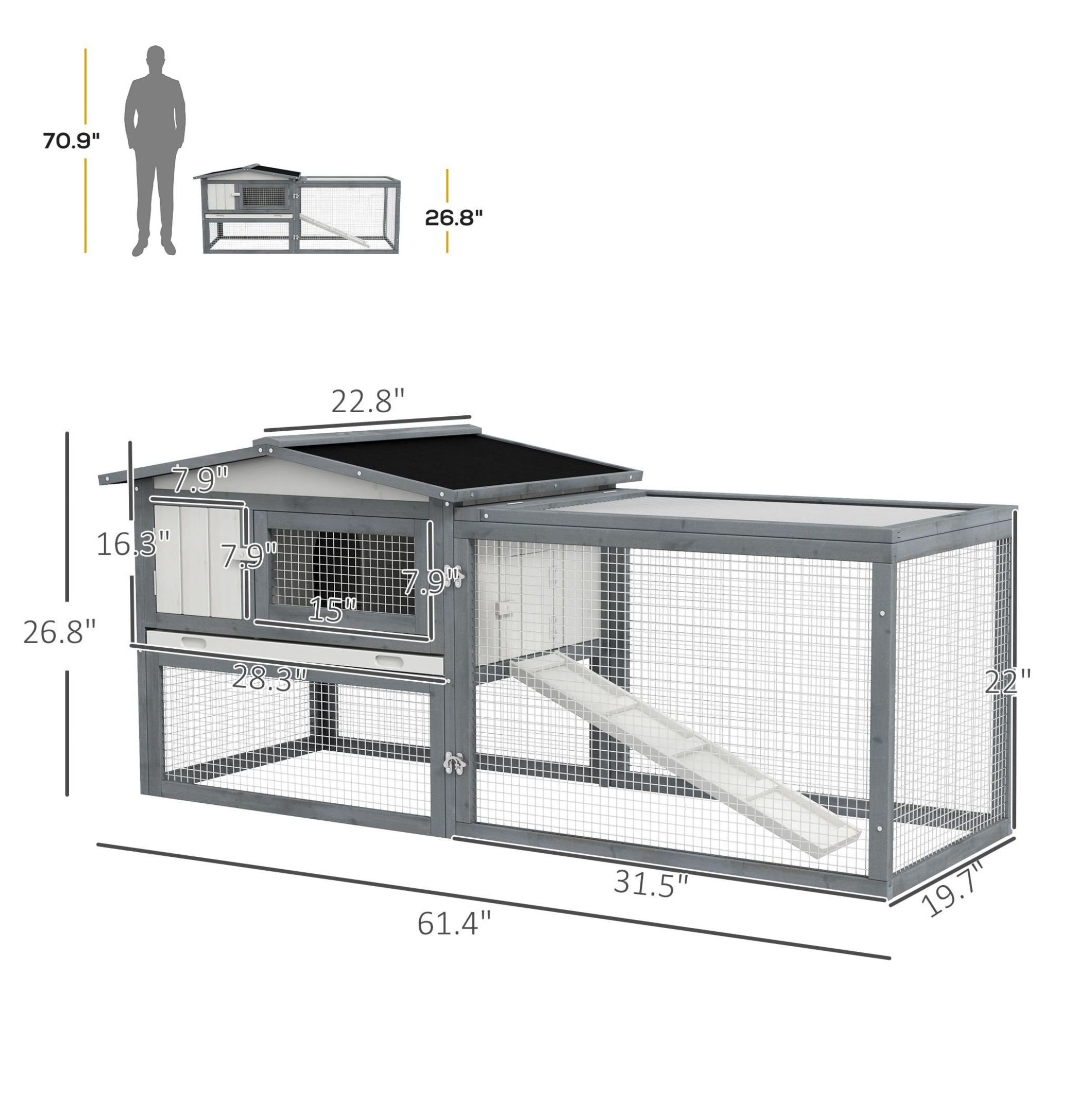 Rabbit Cage Outdoor, Spacious Outdoor Rabbit Hutch 61" Guinea Pig Cage with Run Feeding Trough Asphalt Roof White