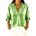 thumbnail image 2 of Women's Satin Blouse, Leaf Shaped V Neck Loose Long Sleeve Shirt, Elegant Casual Top for Special Occasions or Evenings,Light Green - L, 2 of 5