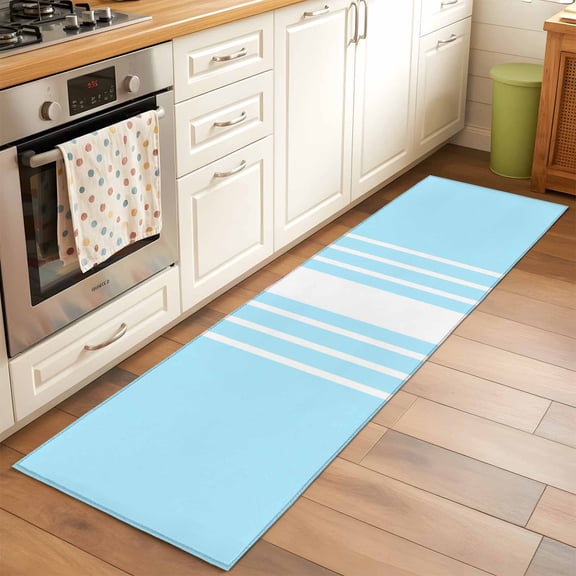 2'x6' Rug Runners for Hallways Kitchen, Aqua White Stripe Non Slip Entryway Beside Floor Carpet Runner, Modern Rustic Vertical Striped Washable Laundry Room Bedroom Throw Rugs Mat for Family Pet
