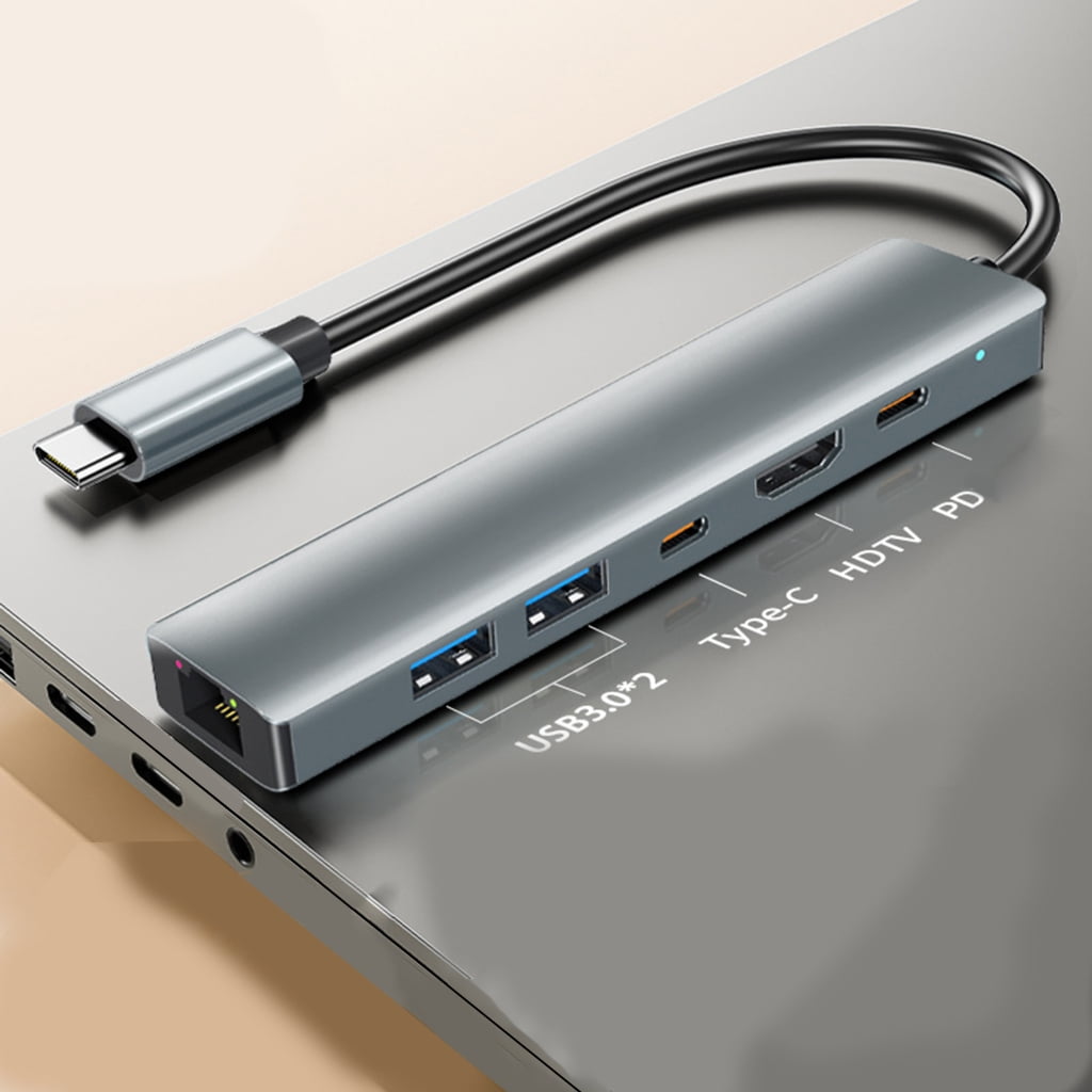 PatungKu 6 in 1 USB C Docking Station Multiport Adapter Gigabit Ethernet 2xUSB3.0 4K HDTV