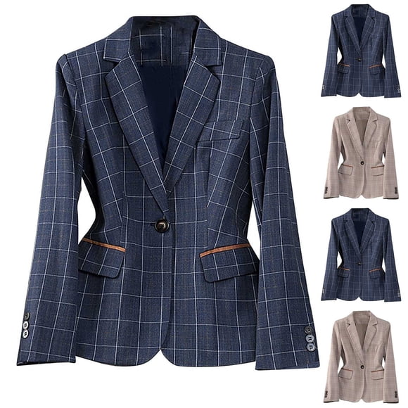 Feancey Women's Plaid Suit Jacket Notch Lapel Single Breasted Blazers Business Casual One Button Plus Size Blazer Jackets Blue XL