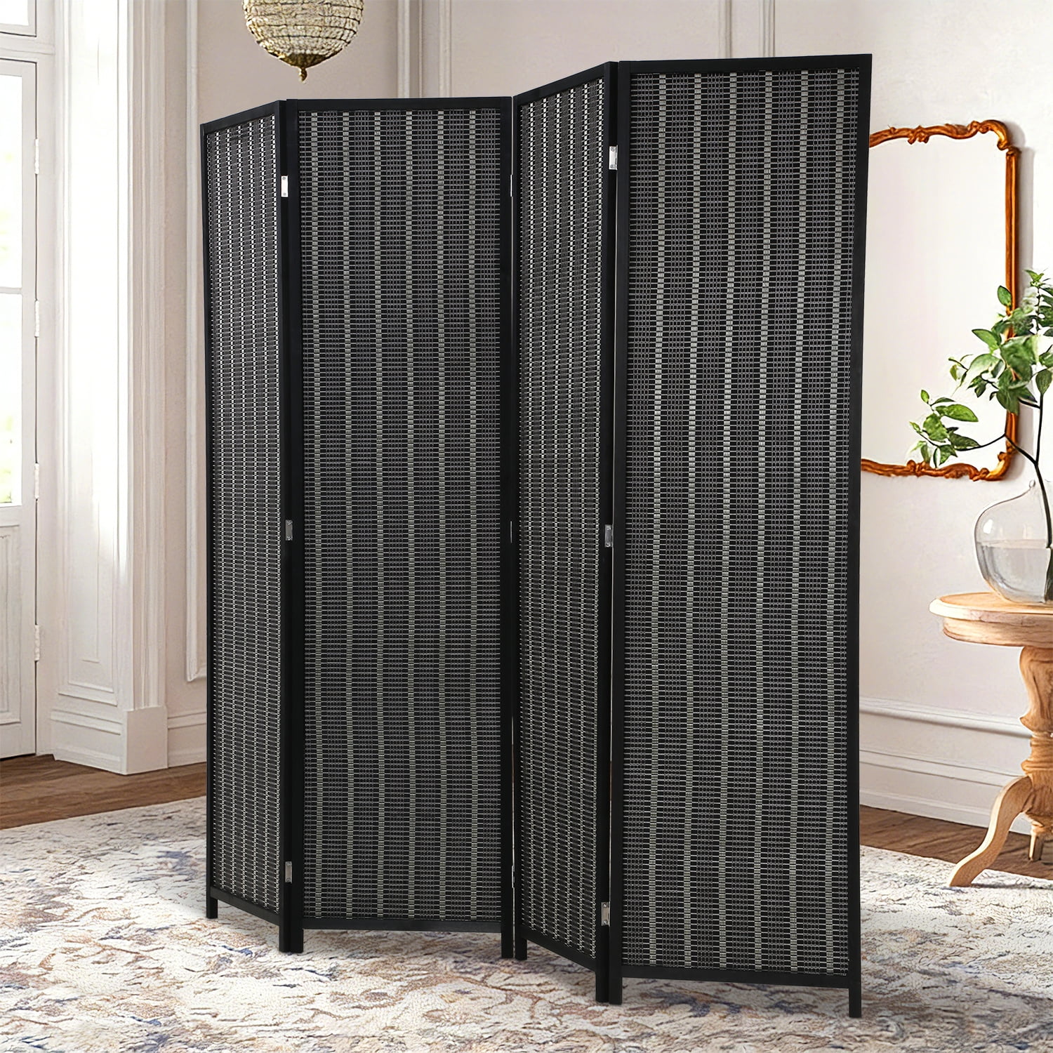 NiamVelo Room Divider 4 Panel Folding Screen Partitions, Freestanding Privacy Screen Partition Wall Tall Room Divider, Black
