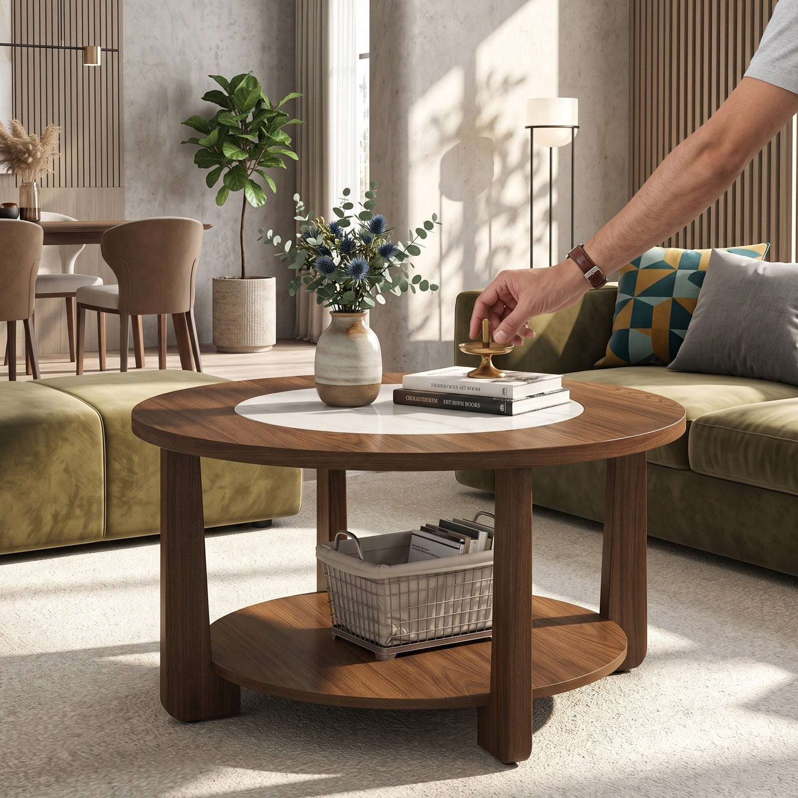 Furnibear Farmhouse Round Coffee Table, 2-Tier Accent Center Table with 2-Tone Tabletop and Open Storage Shelf, Solid Rubber Wood Legs, Round Cocktail Table for, Brown