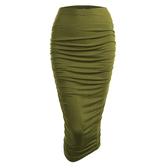 Made by Johnny Women's Slim fit Bodycon Party Club Night Out Elegant Ruched High Waist Long Pencil Skirt with Side Shirring XS OLIVE