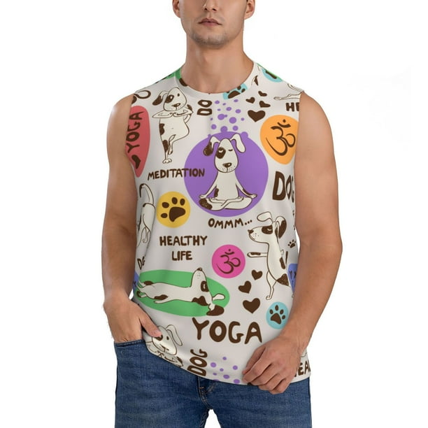 Fotbe Dog Doing Yoga Men's Camiseta sin Mangas Estampada para Hombres, Playera Casual para Gimnasio, Entrenamiento, Playa-3X-Large
