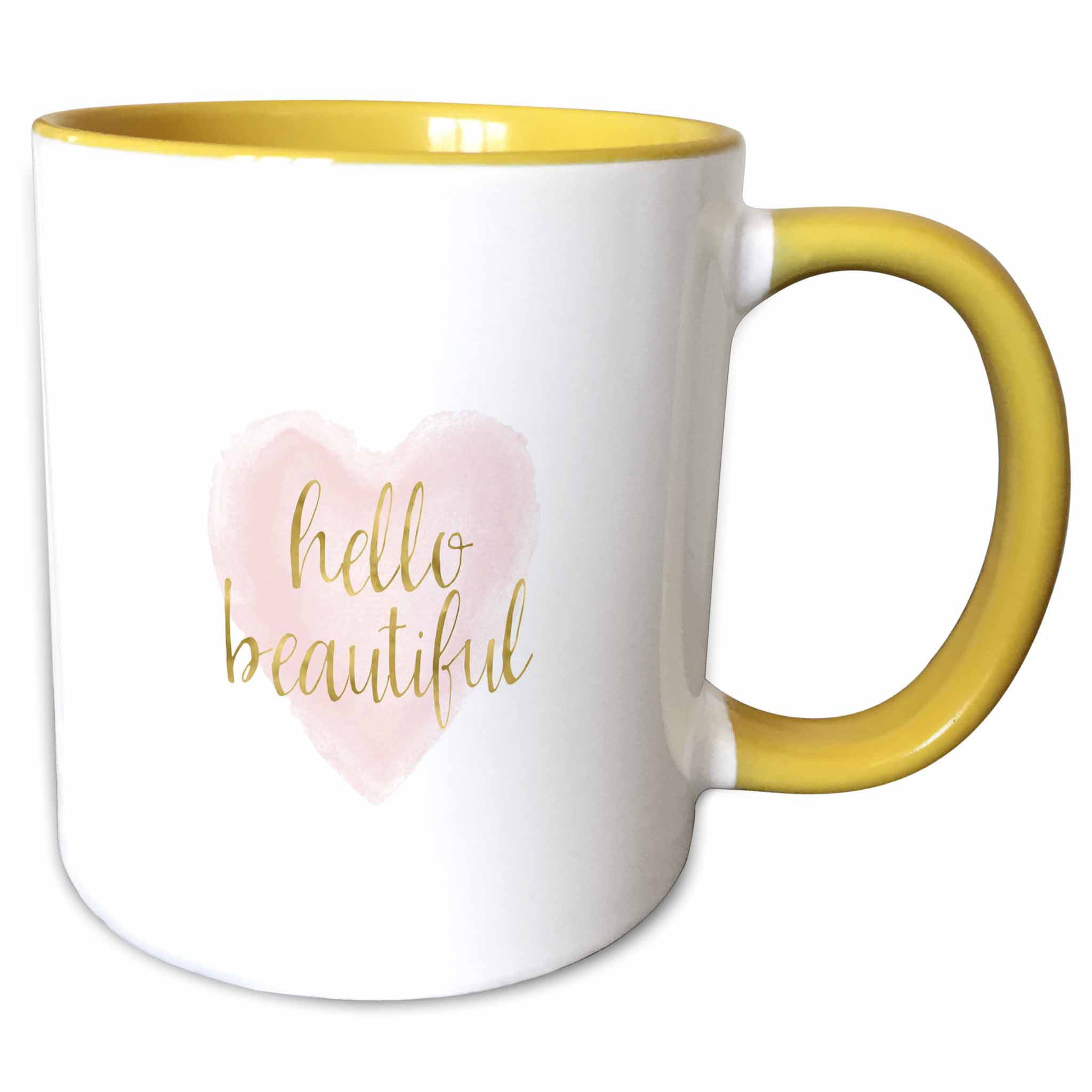 a coffee mug that has the script font that reads hello beautiful with a heart on it