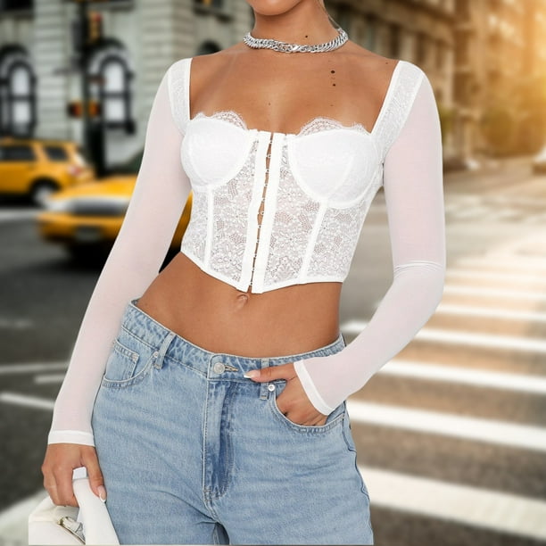 Clairlio Sheer Mesh Crop Tops Low Cut Summer T-shirts Solid Color European  for Spice Girl 
