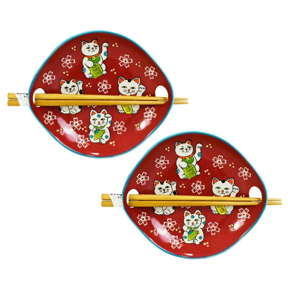 Pack Of 2 Red Maneki Neko Lucky Cats Appetizer Coupe Plates With Chopsticks Set