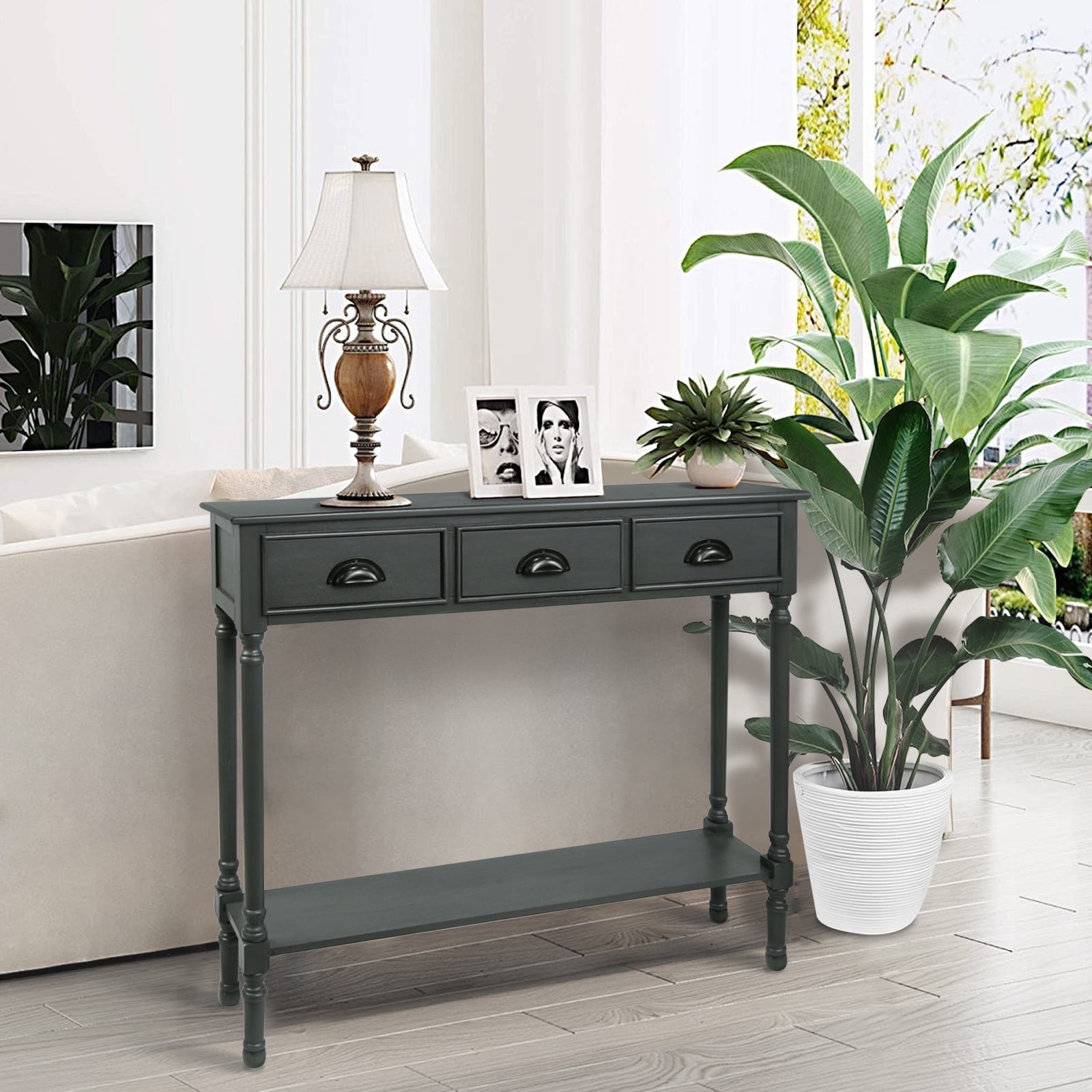 Urbanest Burlington Solid Wood Console Table with 3 Drawers & Lower Shelf – Entryway Table, Hallway Sofa Table, Narrow Accent Table for Living Room – 39.5″ × 9.5″ × 32″ – Gun Metal Farmhouse Decor