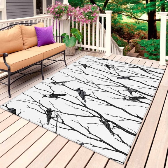Black Branches Birds Outdoor Rug 5x7 Ft, Non Slip Washable Area Rug, Modern Abstract Forest Silhouettes Patio Rugs Carpet Runner, Large Floor Mat for Indoor/Outdoor Deck Porch Camping