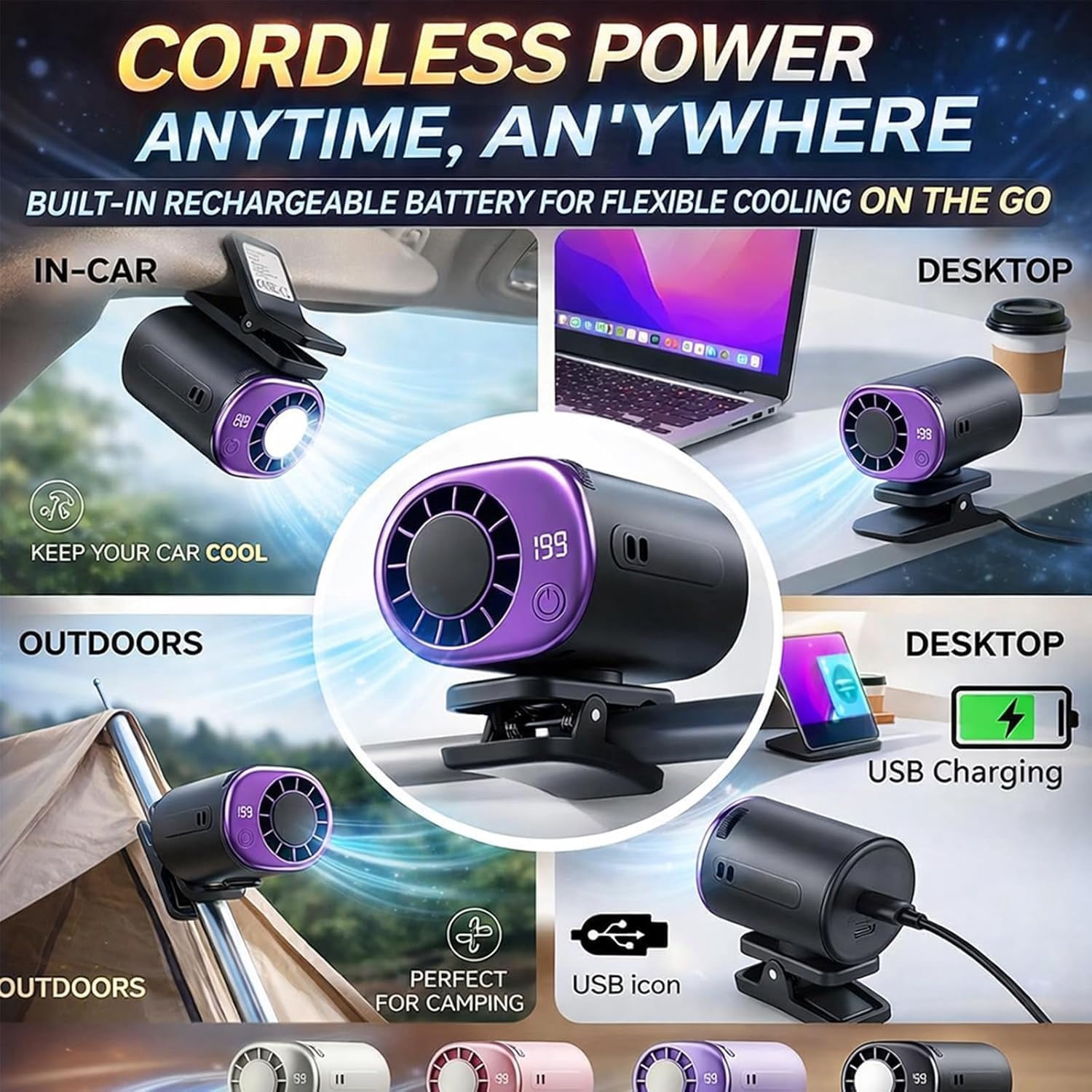 2026 New Car Clip On Air Conditioner Fan with LED Display, 360° Rotation Portable Mini Cooling Fan, USB Rechargeable 199 Speeds 16℃ Semi‑Cooling with Wide Clamp