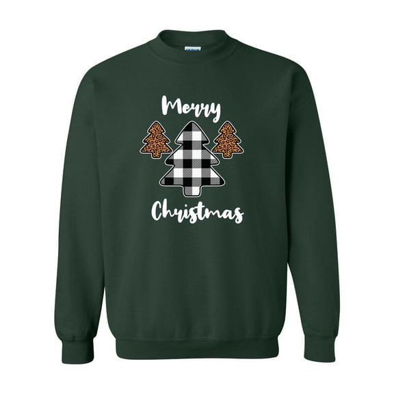 Merry Christmas Buffalo Plaid Leopard Print Trees Unisex Adult Long Sleeve Crewneck Sweatshirt-Forest-small
