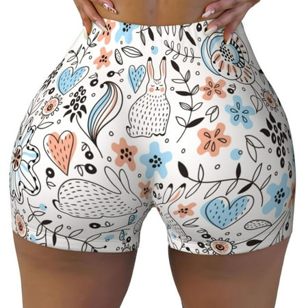 Workout Shorts Women  Floral with Rabbits Biker Shorts for Women Running Gym Spandex Shorts Tummy Control