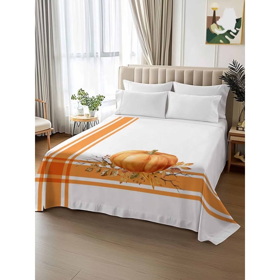 King Size Flat Sheet Only,Thanksgiving Orange Pumpkin Soft Top Bed Sheets Breathable Bedding Sheet Classic Geometric Striped Microfiber Hotel Luxury Top Sheets