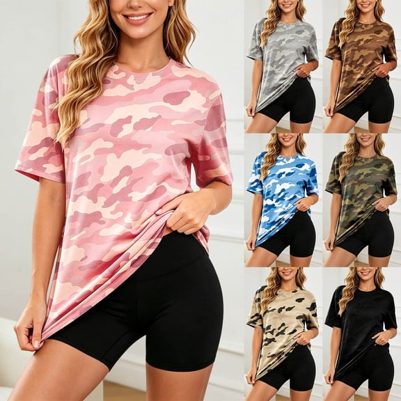 Womens T Shirts Summer Camo Print Crew Neck Short Sleeve Tee Loose Breathable Women Blouse Beige L