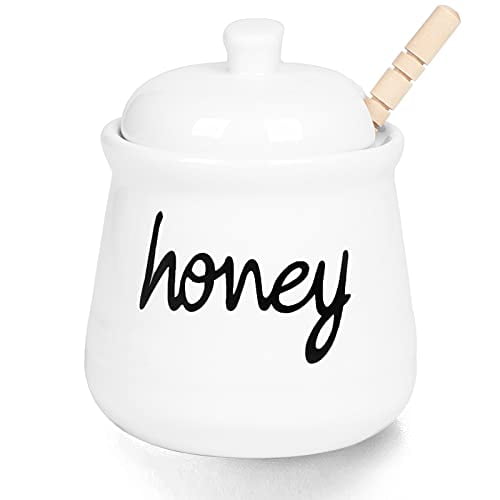 Honey Jar with Dipper and Lid, Ceramic Honey Pot 12oz, White