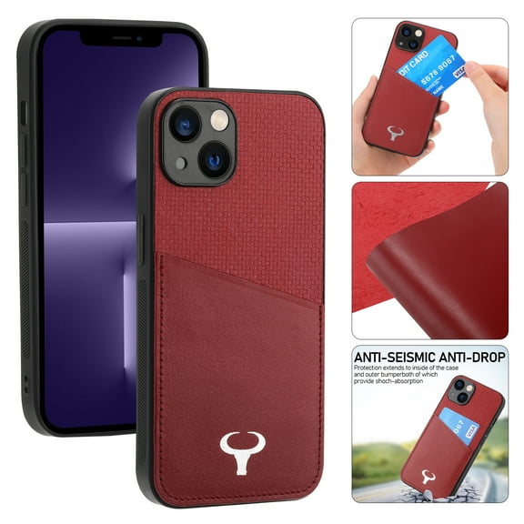 Dteck for iPhone 13 6.1 Inch Luxury Business Case with Card Slot, Top Layer Cowhide Leather Cover Anti-Fingerprint Scratch Resistant Shockproof Case Support Wireless Charging for iPhone 13,Red