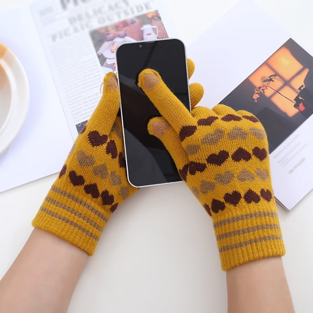 Women Can Enable Screen Gloves Warm Stretch Knitted Gloves Mittens Winter Keep Warm Knitting Heart Printing Golves Students Outdoor Riding Hiking Mittens