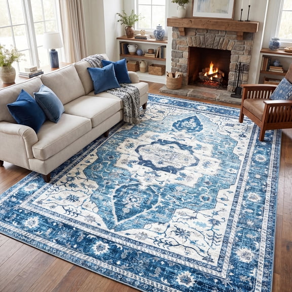 WANLISELL 6'x9' Washable Area Rugs, Vintage Non-Slip Distressed Rugs, Soft Non-Slip Carpet for Living Room, Office, Bedroom, Dinging Room, Home Decor, Blue