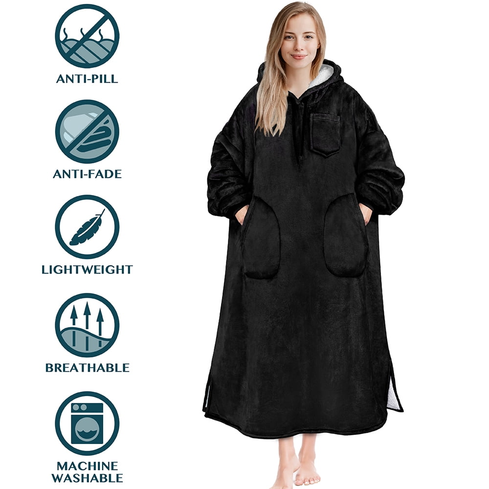 PAVILIA Blanket Hoodie for Women Black, Sherpa Wearable Blanket Men, Cozy Oversized Sweatshirt Blanket, Warm Fleece Hooded Blanket Sweater with Sleeves and Two Big Pocket, Adult Long, Black