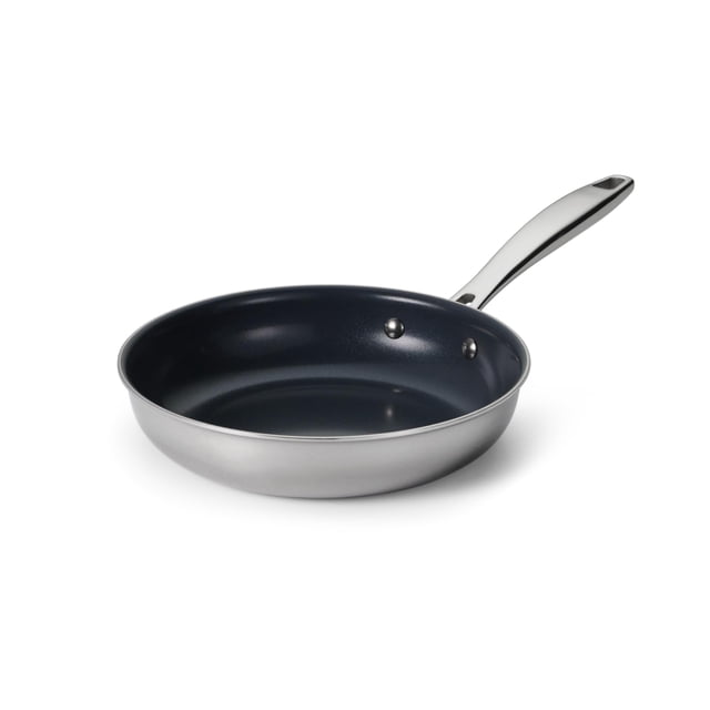 Sartén pequeña Tramontina Seattle de 8 pulgadas de acero inoxidable con revestimiento triple y interior cerámico antiadherente, apta para inducción, apta para horno y lavavajillas.