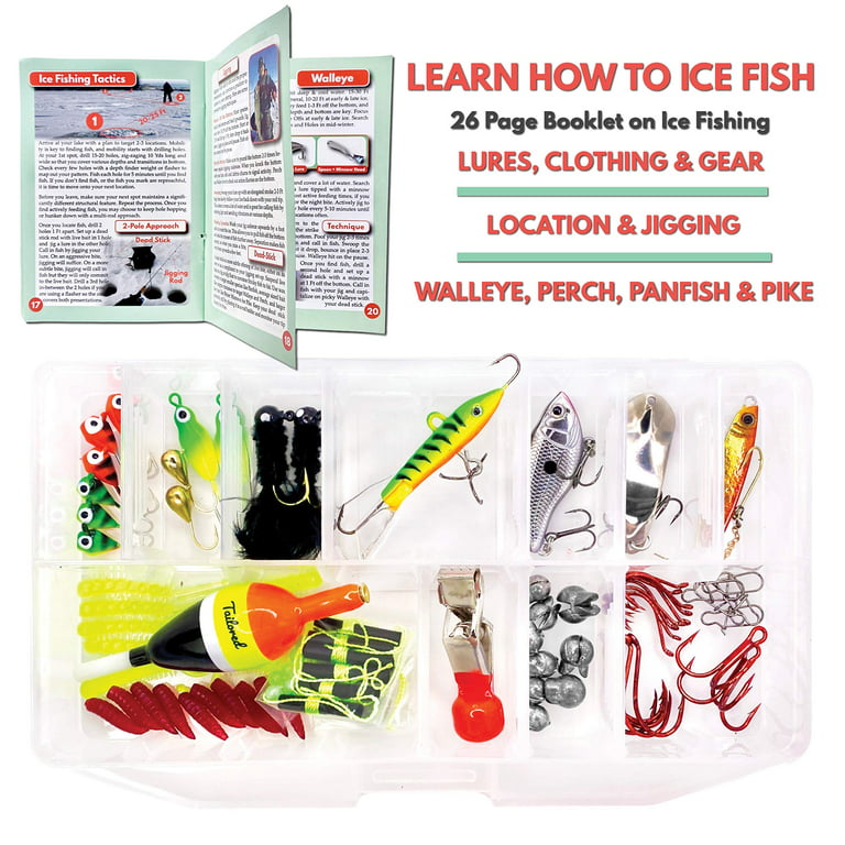 Tailored Tackle Ice Fishing Jigs Lures Kit Walleye Perch Panfish Crappie  Bluegill Ice Fishing Gear Tackle Box 75 pcs. Include 26 Page How to Ice  Fish Book 