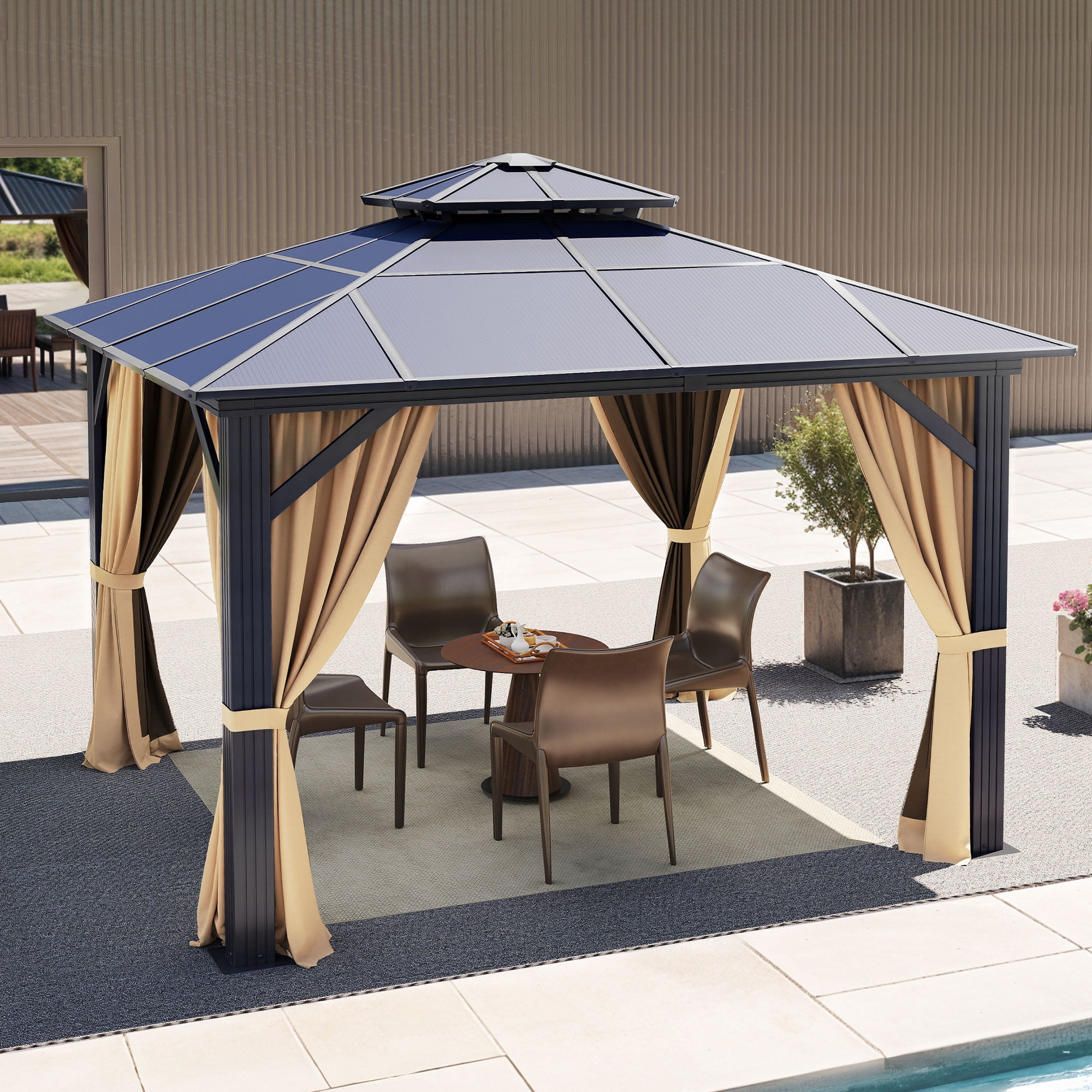 Dextrus 10' x 10'  Hardtop Gazebo with Netting & Shaded Curtains, Outdoor Polycarbonate Double Roof Canopy,Aluminum Column Garden Tent for Patio, Backyard, Black&Brown