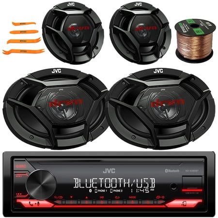 JVC KD-X280BT Single Din Bluetooth USB/AUX AM/FM Radio Digital Media In-Dash Car Audio Stereo Receiver, 2x 6.5" 300W Max 2-Way Speakers, 2x 6x9" 500W Max 3-Way Speakers, Wire, Removal Pry Tool Set