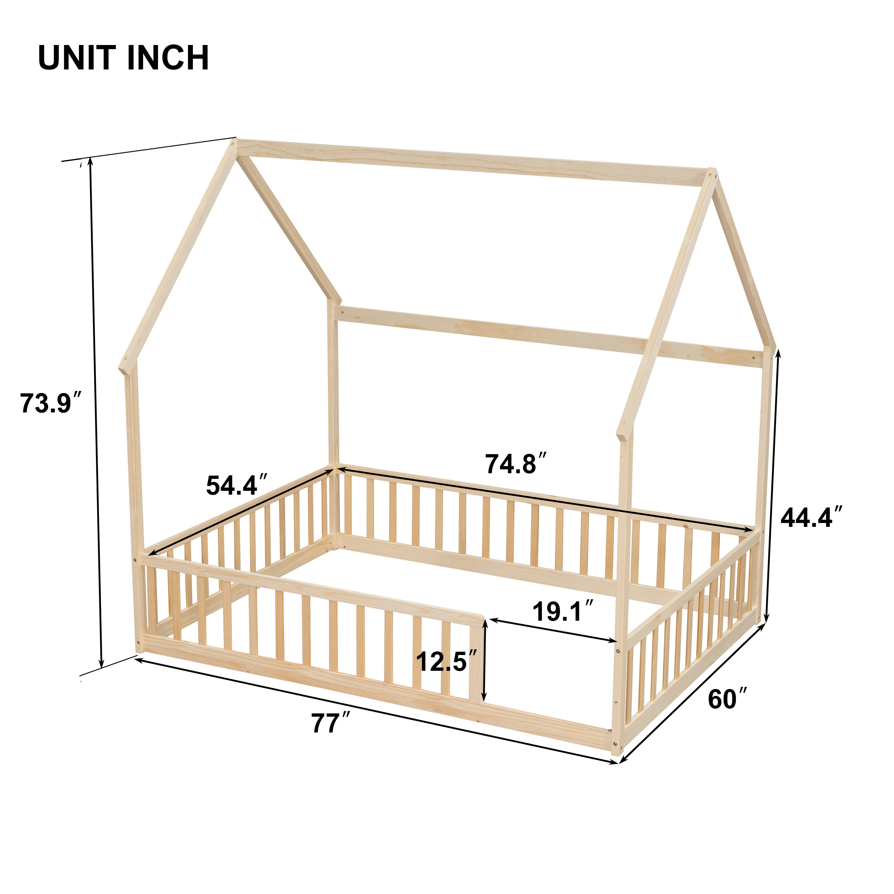 Mintazer Full Size House Toddler Floor Bed with Guardrails, Kids Montessori Low Bed with Roof Frame for Bedroom Playroom, Natural
