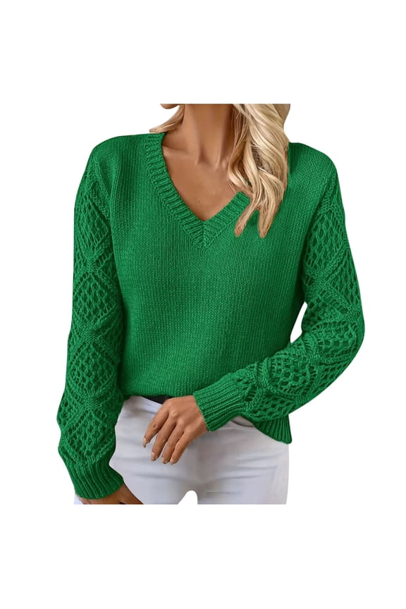 Women's Cropped Sweater V-Neck Hollowed Long Sleeve Crop Sweater Fall Fashion Casual Pullover Jumper Knit Top Green S
