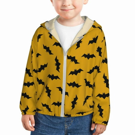 

Sun Hoodie for Kids halloween black bats yellow Long Sleeve Swim Fishing Shirts Sun Protection Zip Up Jacket Clothing Athletic Hoodie