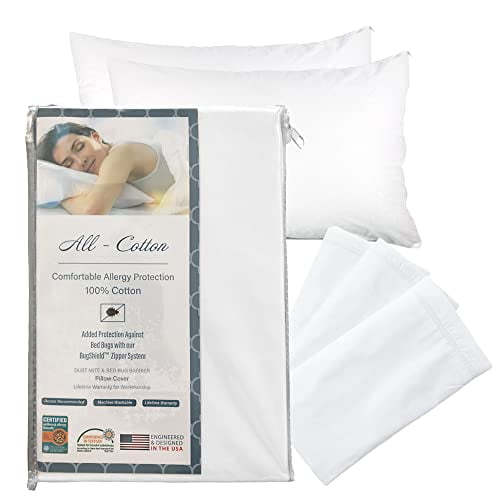 National Allergy Premium 100% Cotton Zippered Pillow Protector - Queen Size - White - 300 Thread Count - Hypoallergenic Bed Pillowcase with Zipper - Breathable Encasement Cover