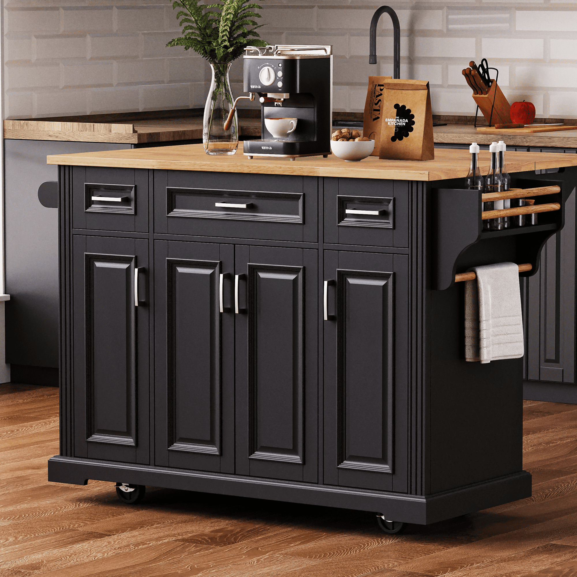 DTTRA 54" Large Kitchen Island with Rubber Wood Drop Leaf, Rolling Kitchen Cart on Wheels with 4 Doors, 3 Drawers & Adjustable Shelves, Rustic Embossed Texture Storage Cabinet for Kitchen,Dining Room