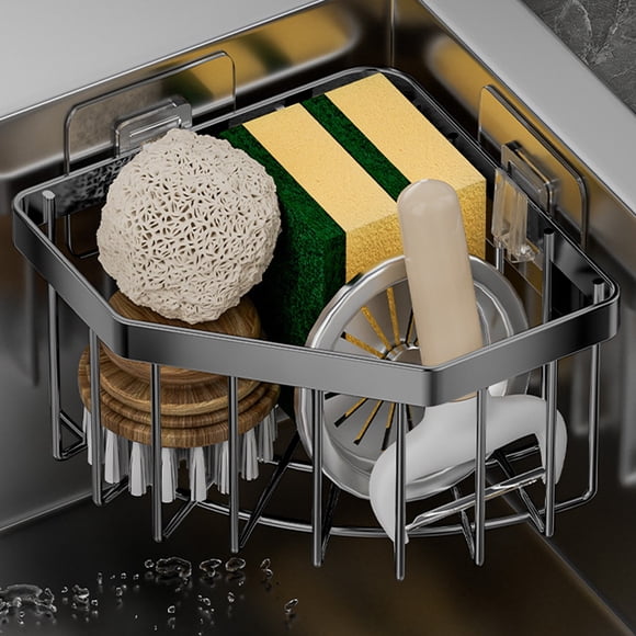 Sponge Storage Basket, Stainless Steel Kitchen Sink Corner Rack, Triangle Hole Frees Drains, Greys And Silvery Design, Frees Shelf Triangles, Foldable Metal Frame, For Bathroom Kitchen