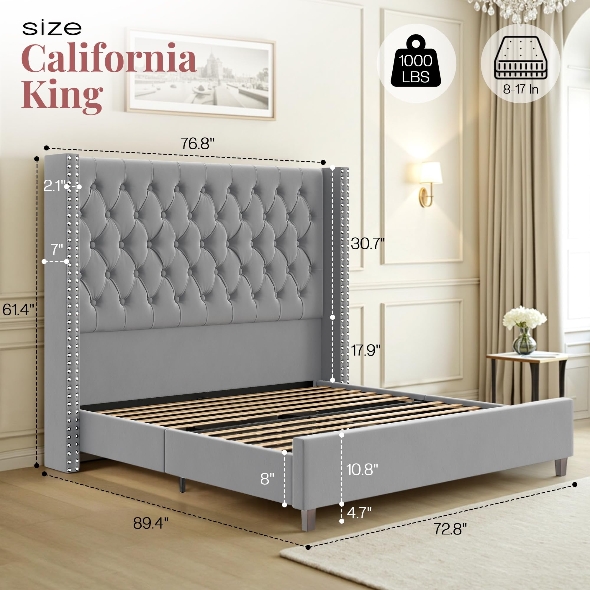 VanAcc California King Platform Bed Frame 61.4" Handmade Headboard Velvet Tall Upholstered Bed Deep Button Tufted for Bedroom, Easy Assembly, Grey