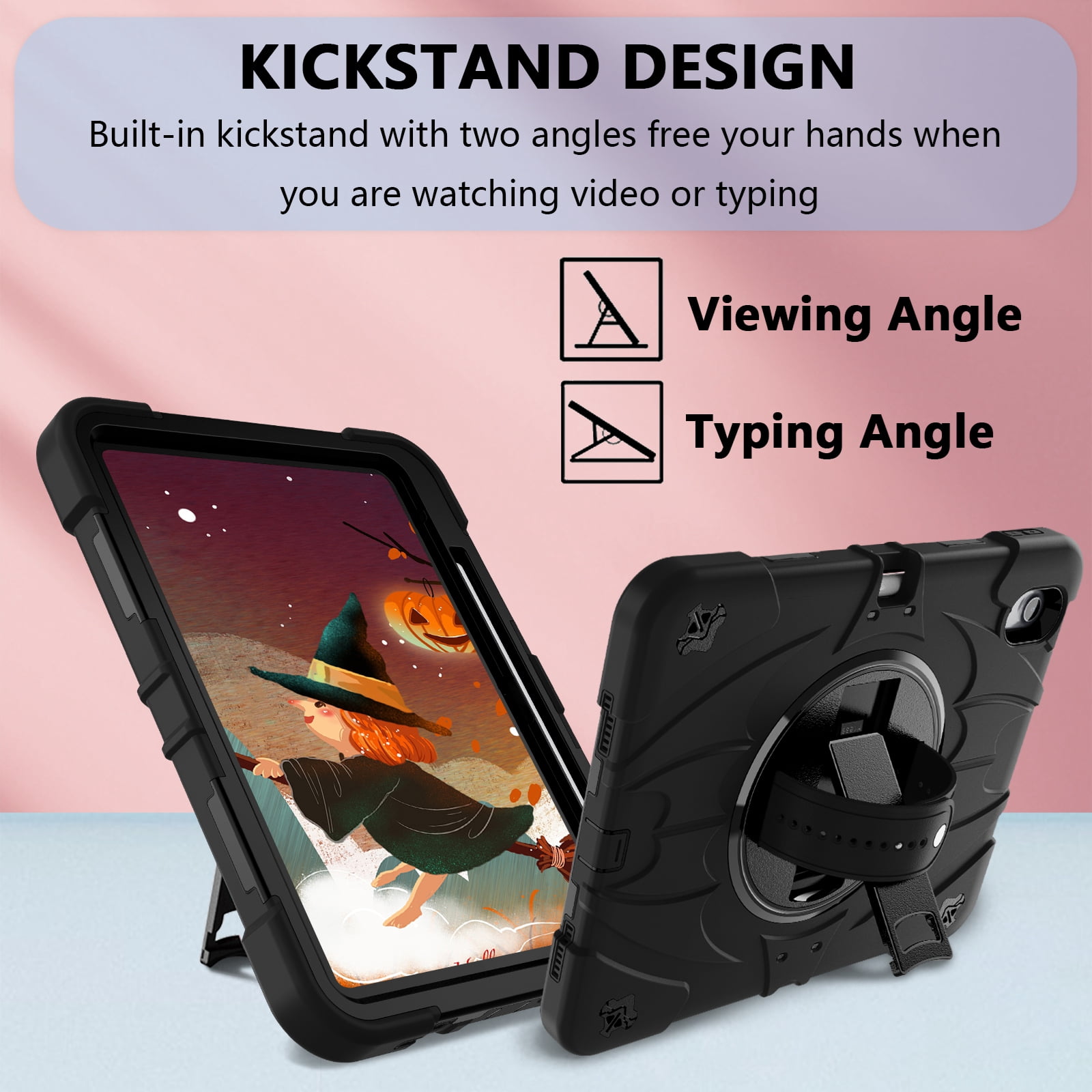 ELEHOLD Case for Apple iPad 10th Gen, Heavy Duty Shockproof Case with Pencil Holder/Stand/Hand Strap/Shoulder Belt, Rugged Protective Cover for Boys Girls,Black